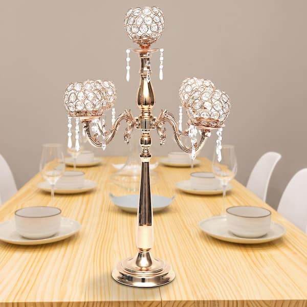 YIYIBYUS 21.65 in. Tall Gold 5 Arms Candle Holder Modern Crystal Candelabra  with Hanging Crystal Drops for Wedding Table Decor OT-HSYXF-1883 - The Home  Depot