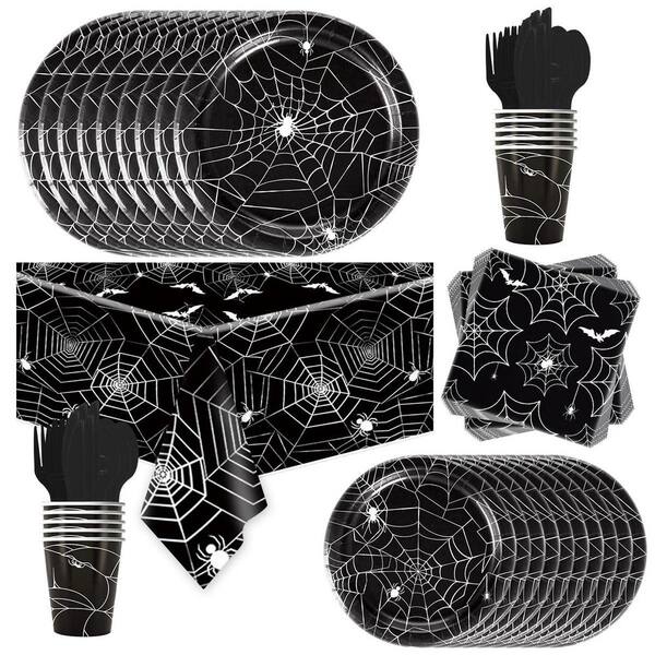 97-Piece Halloween Spider Web Disposable Dinnerware Set with Paper Plates, Napkins and Forks for Party Supplies