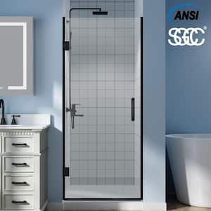 28 in. W x 72 in. H Frameless Pivot Hinged Shower Door in Black with Handle and 5/16 in. (8 mm) Clear Glass