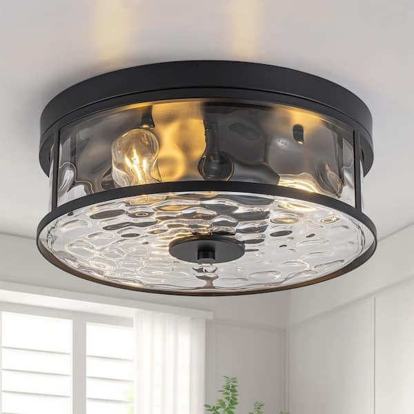 TinHon 13 in. Matte Black Flush Mount Ceiling Light with Clear Water ...