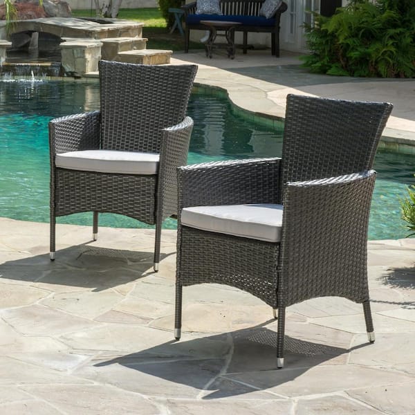Noble House Kye Grey Waterproof Faux Rattan Outdoor Patio Dining Chair with Light Gray Cushion (2-Pack)