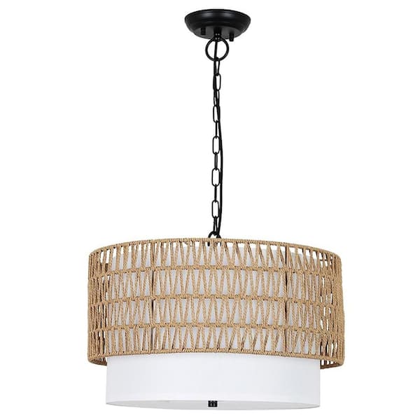 PUDO 18.9 in. 5-Light Bohemian Style Rattan Woven Brown Pendant Light with Adjustable Chain