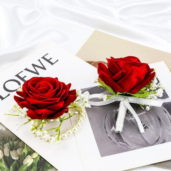 Afoxsos 0.7 in. Red Indoor/Outdoor Artificial Rose Corsage and