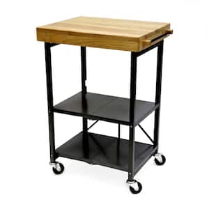 Black Foldable Wheeled Portable Solid Wood Top Kitchen Island Bar Cart