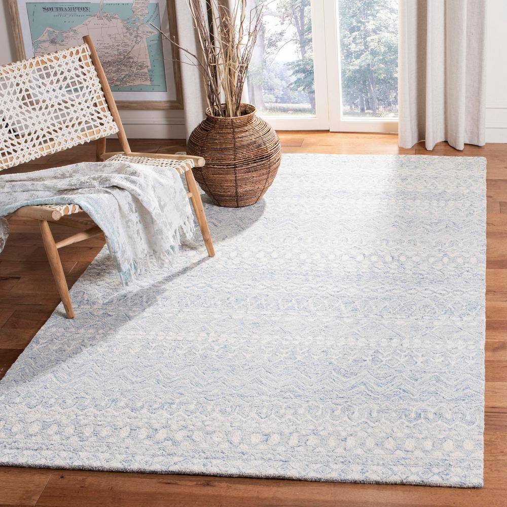 Handmade Tufted Wool Area Rug in Blue/Ivory, 8' x 10'