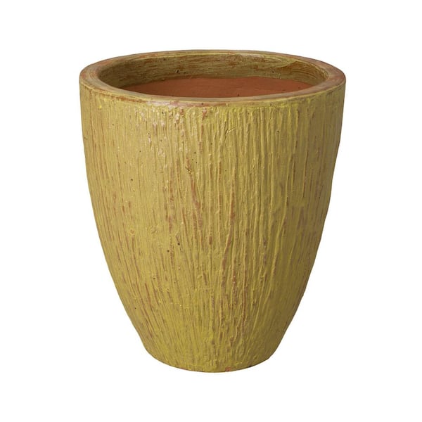21 in. Yellow Ceramic Round Planter (21 in. L x 21 in. W x 24 in. H) High-Fire Treatment with Drainage Hole