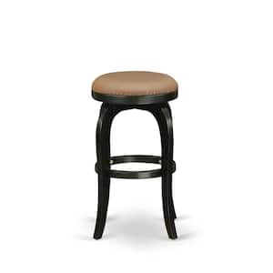 30 in. H Black Counter Height Wooden Barstool Round Shape with Brown Roast PU Leather Upholstered