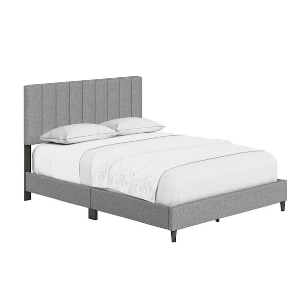 Leah Gray Linen Queen Size Fully Upholstered Platform Bed Frame with Adjustable Headboard