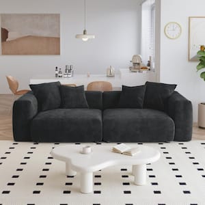 102.36 in. W Square Arm Corduroy Velvet 3-Seats Modular Free Combination Sofa with Ottoman and Pillows in Black