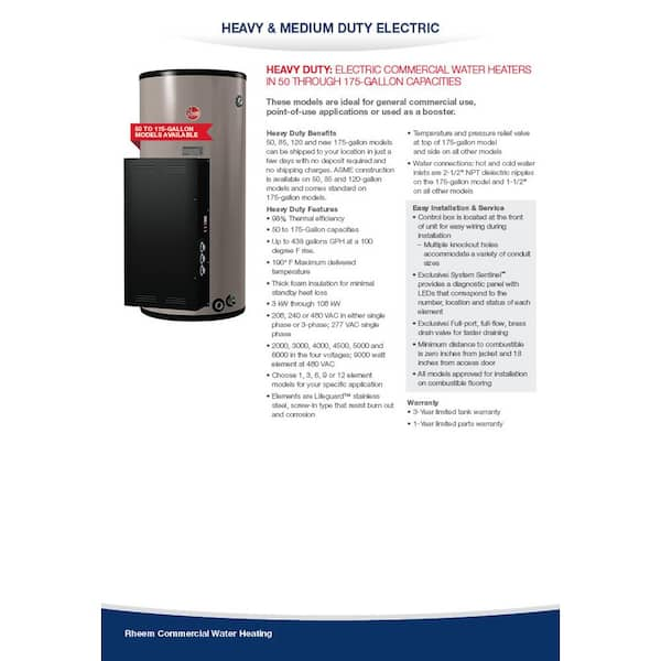 Large Volume Electric  Ruud Commercial Electric Water Heaters