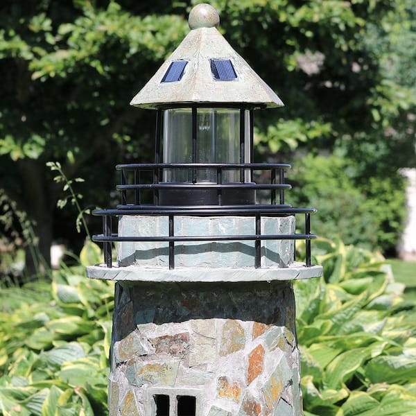Conciliator Craftsman Lyricist Sunnydaze Decor 35 in. Cobblestone Solar LED Garden Statue Lighthouse  GSI-738 - The Home Depot