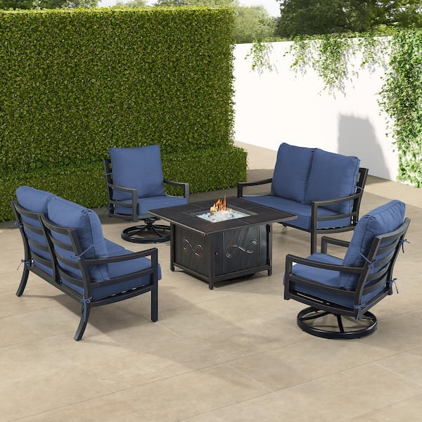 Oakland Living Black 6-Piece Aluminum Patio Fire Pit with 2-Deep Seating Loveseat and 2-Club Chairs Blue Cushions