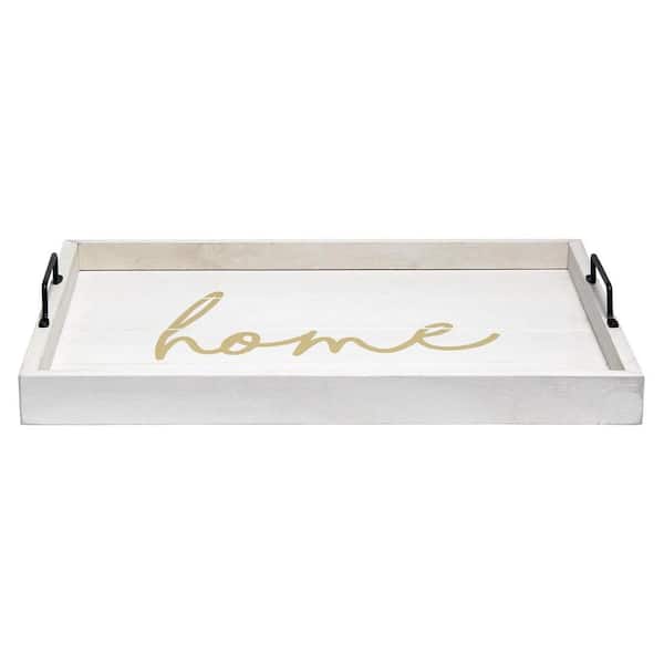 Afoxsos Gold Coffee Table Decorative Wood Serving Tray with Handles, 15.50 in. x 12 in., White Wash Home