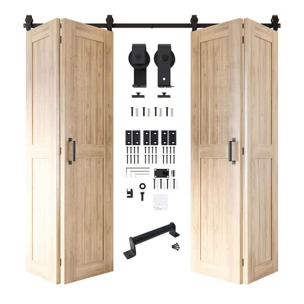 20 in. x 84 in. 5-in-1 Design Unfinished Solid Core Double Pine Wood Bi-fold Door with T-Shape Roller Hardware Kit