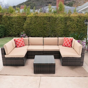 7-Piece Wicker Outdoor Sofa Set Furniture Conversation Sectional Set Reclining Chair with Beige Cushions