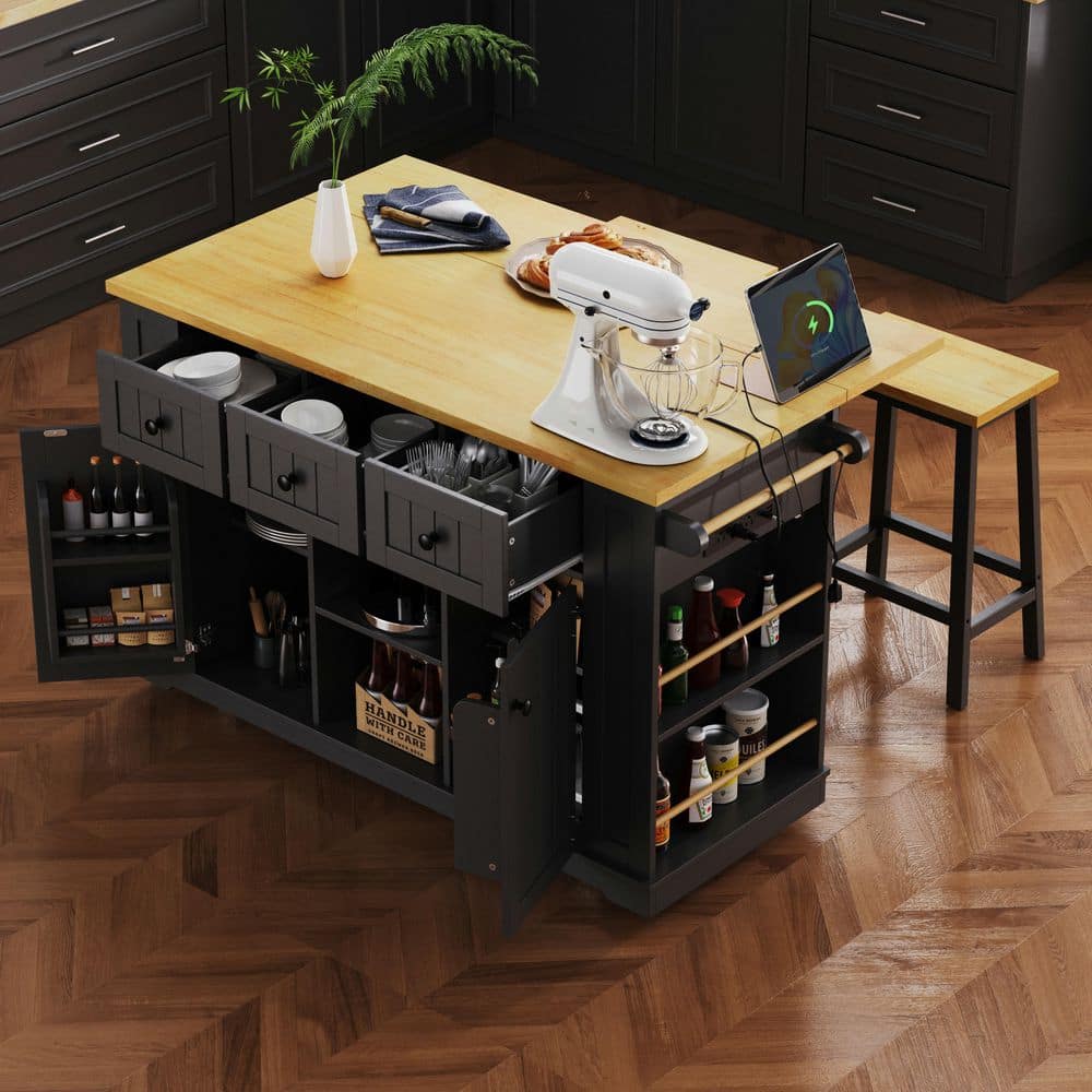Large Black Kitchen Cart with 2-Bar Stools and 5-Open Side Shelves