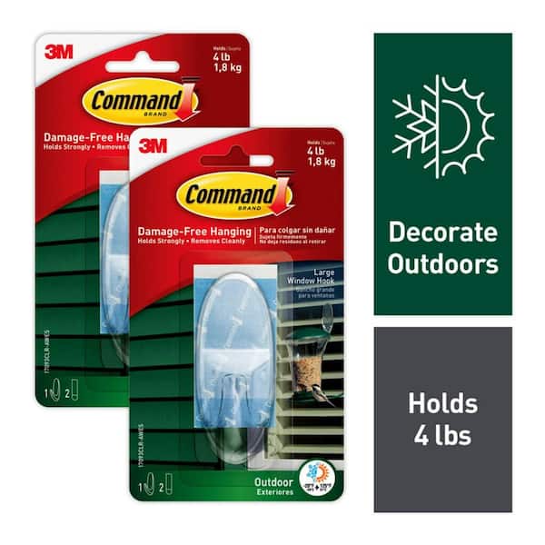 4 lbs. Large Clear Outdoor Window Hook (2-Pack) (2 Hooks, 4 Water Resistant Strips)