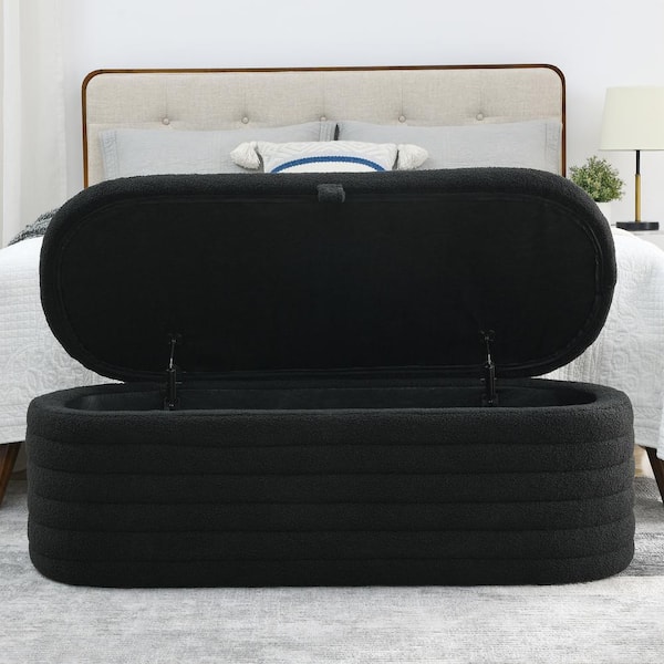 Ottoman Black Teddy Upholstered Fabric Oval Storage Bench Ottoman Black Teddy Upholstered Fabric Oval Storage Bench