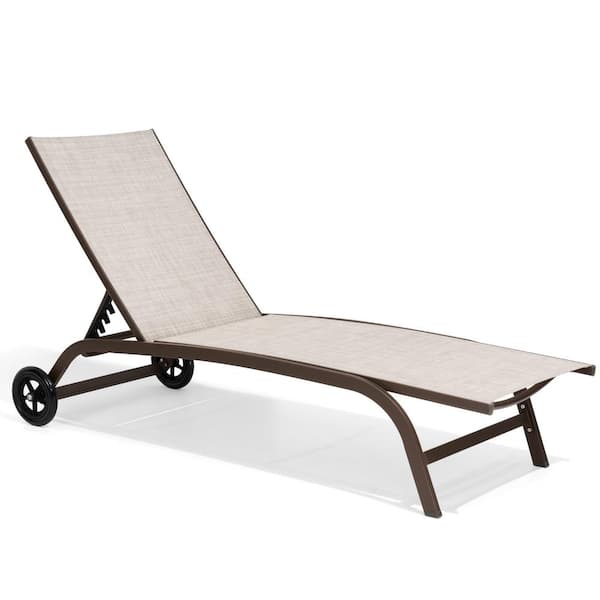 Pellebant Full Flat 1-Piece Aluminum Adjustable Outdoor Chaise Lounge in Beige with Wheels