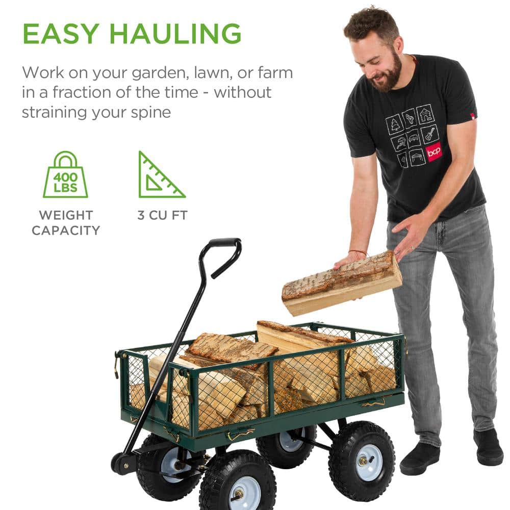 Green Heavy-Duty Steel Garden Utility Wagon with Removable Sides