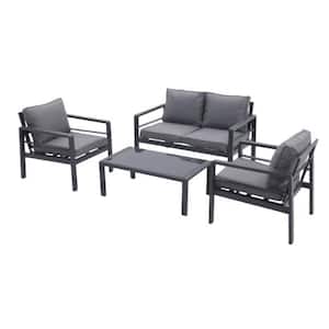 4-Pcs. Aluminum Outdoor Sectional Set with Gray Cushions 1 2-Seater, 2 Single Seater and 1 Glass-Topped Table