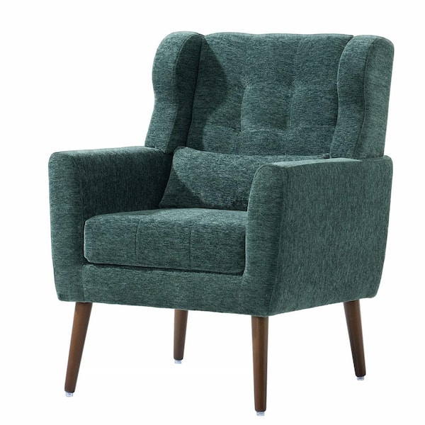 Zeus & Ruta 1 Piece Blackish Green Wood Outdoor Modern Accent Lounge Chair with Chenille Fabric Lounge for Living Room Bedroom