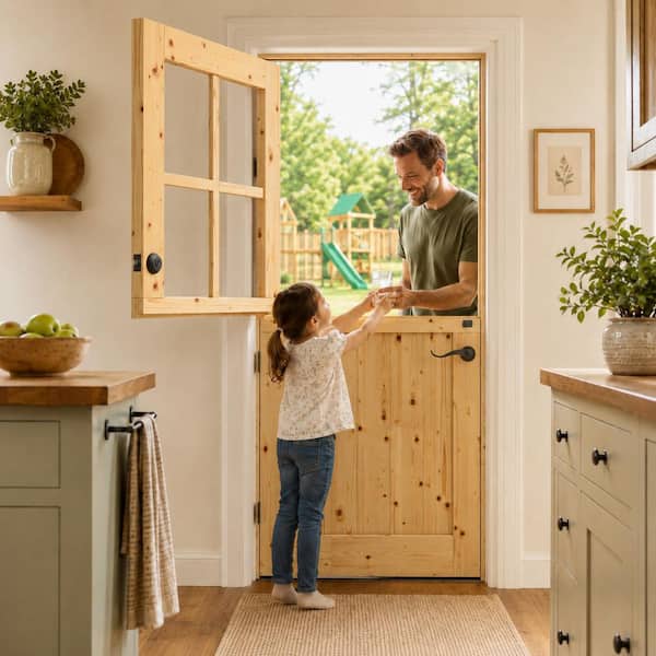 30 in. x 80 in. Solid Pine Universal 4-Lite Clear Glass Unfinished Dutch Door Design Wood Front Door Slab (with Lock)