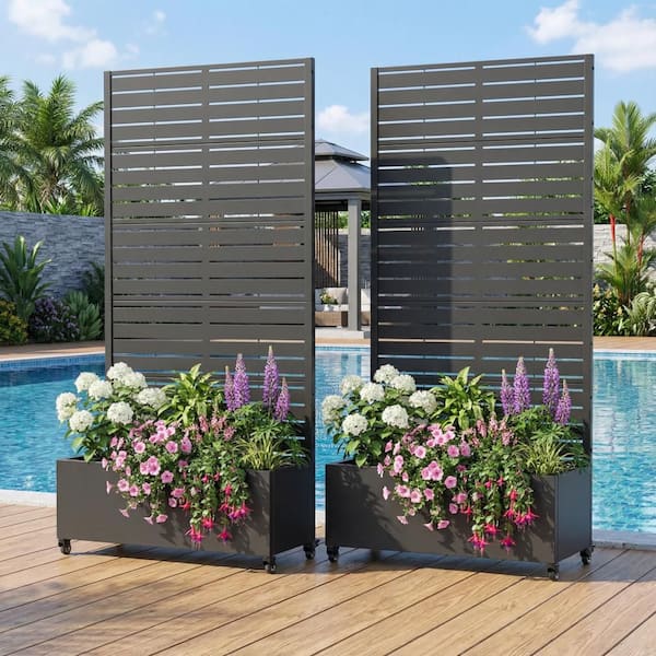 72 in. H x 35 in. W x 16 in. L Metal Black Rectangle Pots and Planter Raised Box with Trellis(Set of 2)