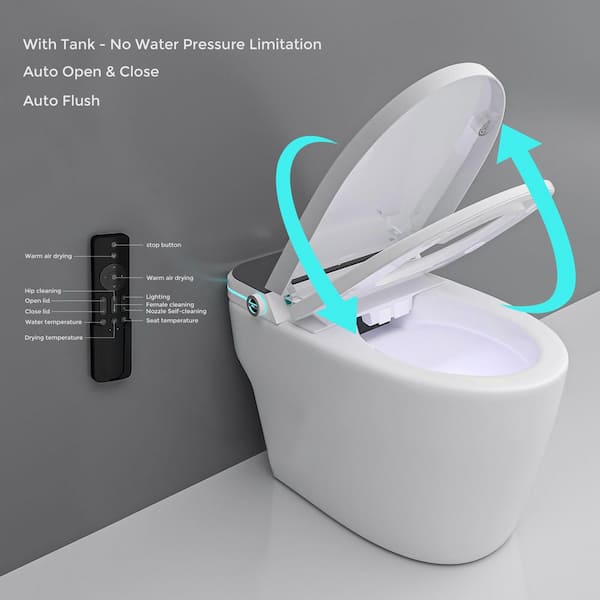 Elongated Smart Toilet with Bidet Built-In 1.28 GPF Bidet Toilet with Tank Auto Flush Auto Close/Open Lid Foot Sensor