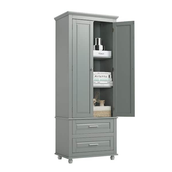 Modern 24 in. W x 15.3 in. D x 62.5 in. H Gray Linen Cabinet Tall Floor Storage with 2-Drawers