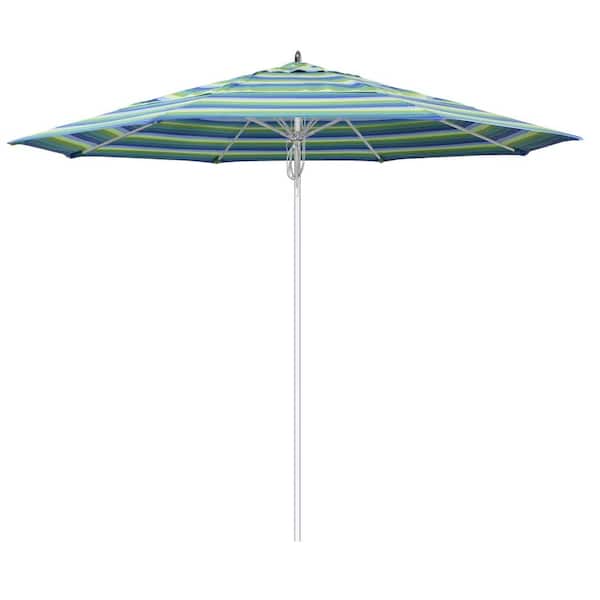 California Umbrella 11 ft. Silver Aluminum Commercial Fiberglass Ribs Market Patio Umbrella and Pulley Lift in Seville Seaside Sunbrella
