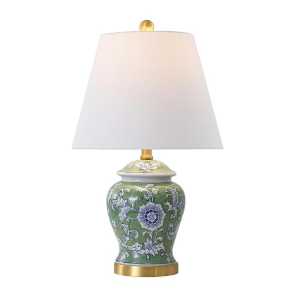 JONATHAN Y Penelope 22 in. French Country Cottage Ceramic/Iron Chinoiserie Ginger Jar LED Table Lamp, Green/White