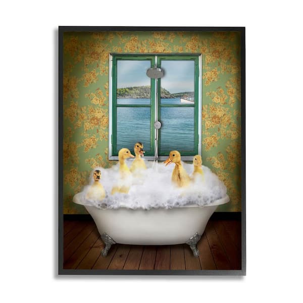 The Stupell Home Decor Collection Ducks Bathing Tub Ocean View Design by John Hovenstine Framed Animal Art Print 20 in. x 16 in.
