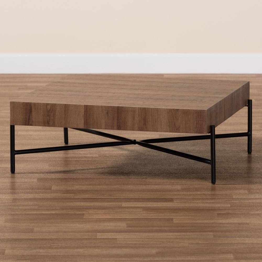 Savion Square Walnut Wood and Black Metal Coffee Table