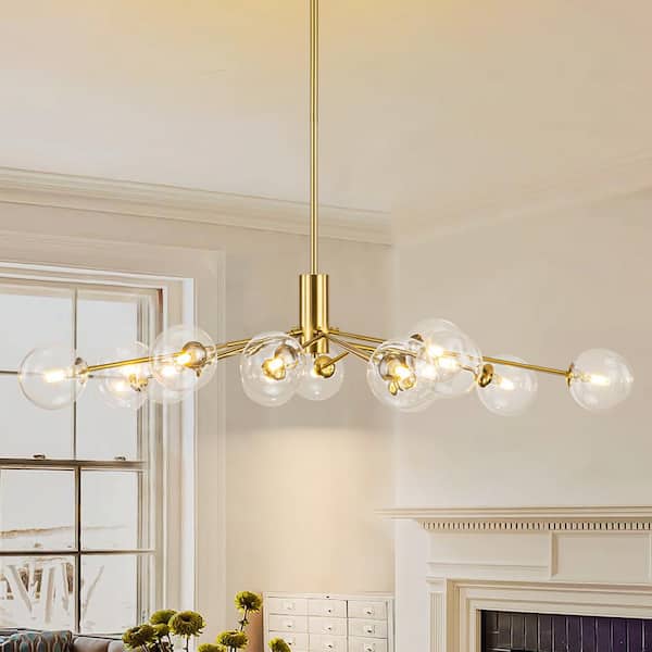 Rennnsan Aiden 15-Light Brass Gold Contemporary Dimmable Sputnik Glass Globe Chandelier with Clear Glass Globe Bubble