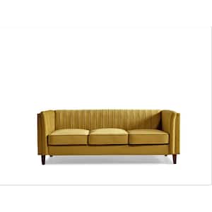 Alicia 83 in.  W Square Arm Velvet Mid-Century Modern Straight Sofa in Yellow