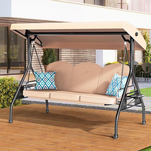 77 in. 3-Person Khaki Metal Patio Swing with 2 Side Tables and Adjustable Canopy
