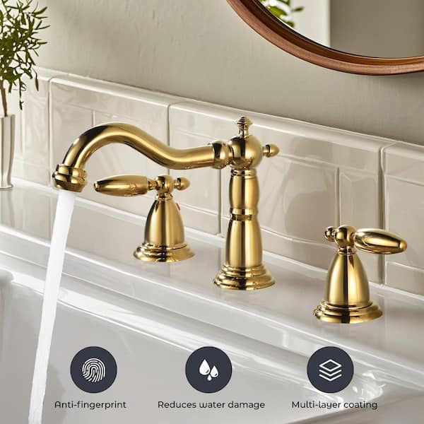 Double handle 8 in. Widespread Bathroom Faucet 3-Hole Bathroom Sink Faucet in Polish Gold