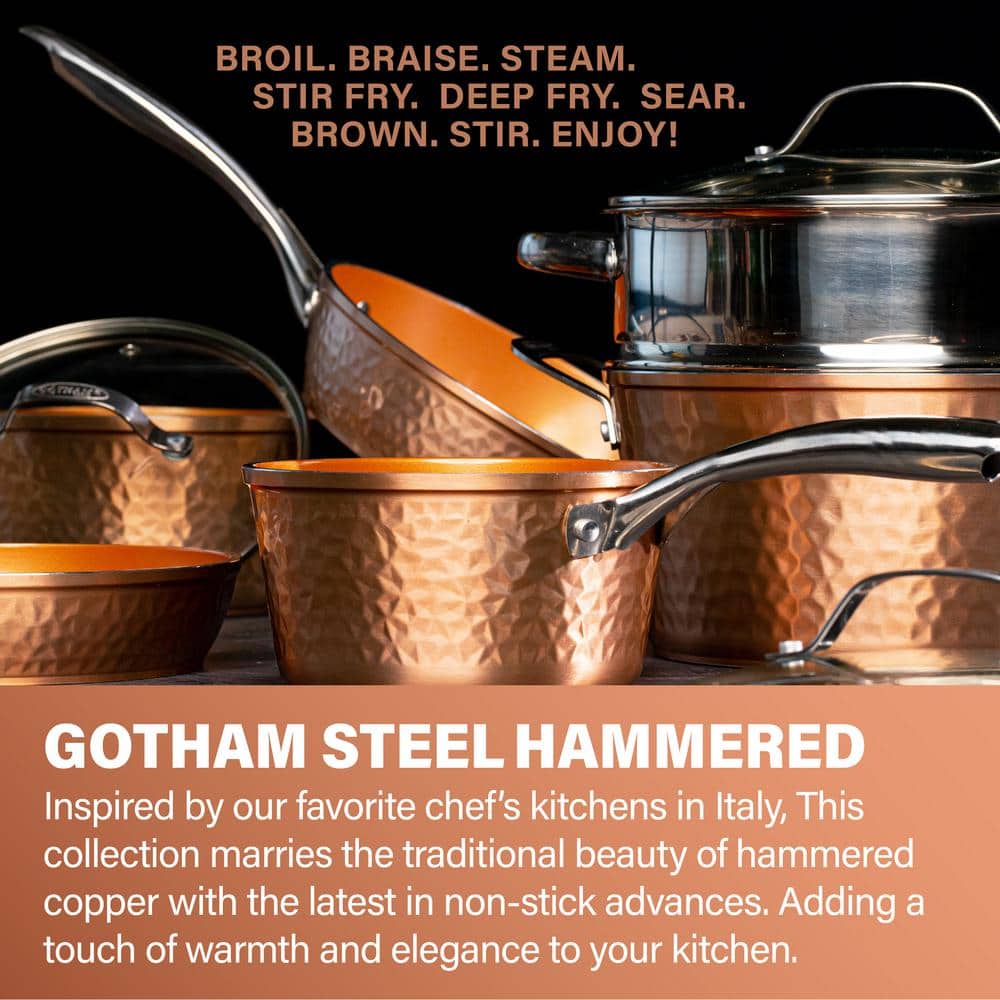 Hammered Copper 12'' Aluminum Nonstick Fry Pan with Lid