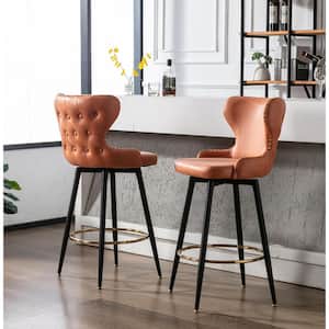 41.3 in. Orange Modern Fabric Faux Leather Bar Chairs, Tufted Gold Nailhead Trim Gold Decoration Bar Stools (Set of 2)