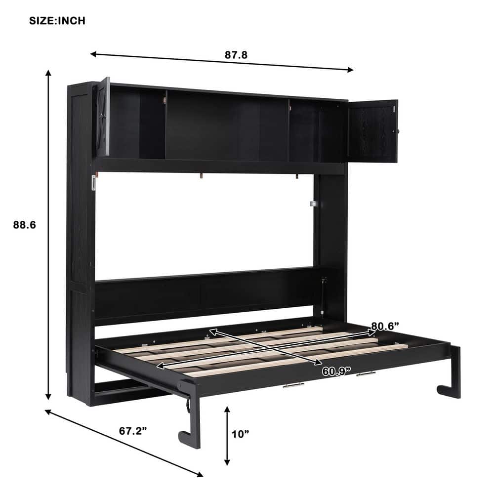 Rustic Black Solid Wood Frame Queen Size Murphy Bed with Storage Cabinets - thumbnail 2