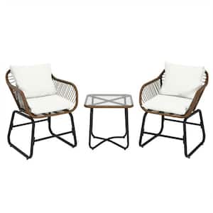 3-Piece Wicker Patio Outdoor Bistro Set with White Cushions and Square Glass Table