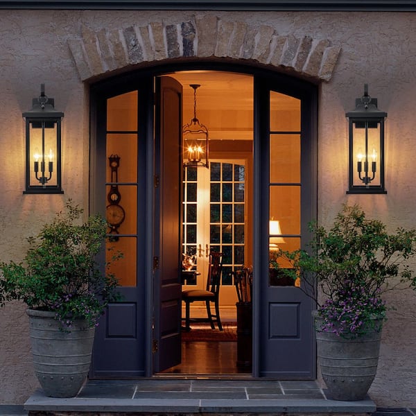 22.25 in. Black Dusk to Dawn Outdoor Hardwired Wall Lantern Sconce with Clear Glass, No Bulbs Included (2-Pack)