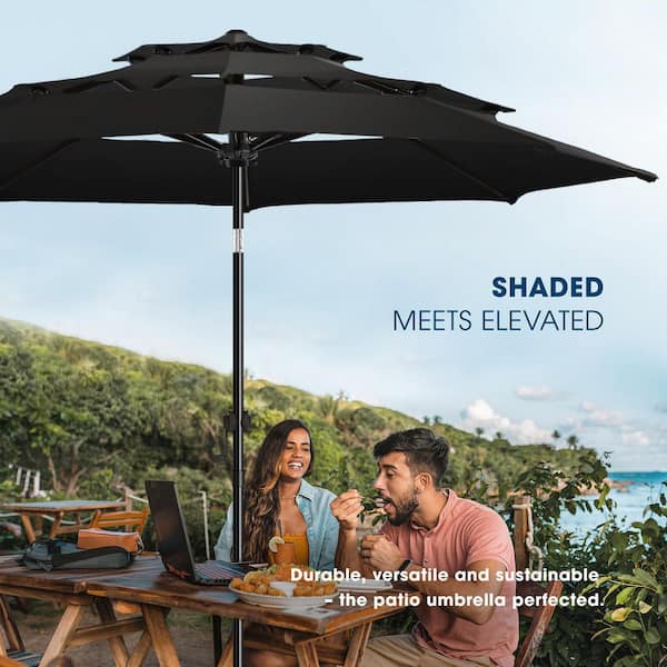 10' solar led patio umbrella 10 ft Cantilever with 32 Lights and 220 LBS Base-Dark Blue Color:Speckle Base Scorpion EXO R410 Bushido free setup and secure color-black-black-cap