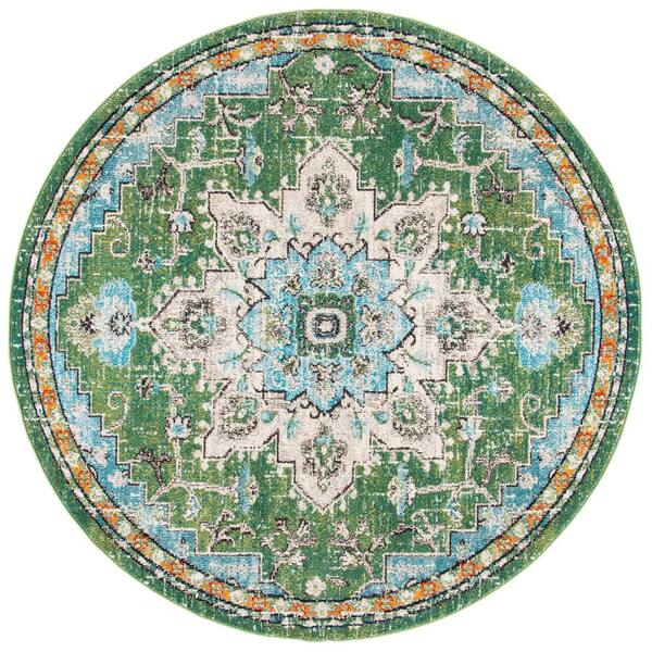 SAFAVIEH Madison Green/Turquoise 9 ft. x 9 ft. Distressed Border Round Area Rug
