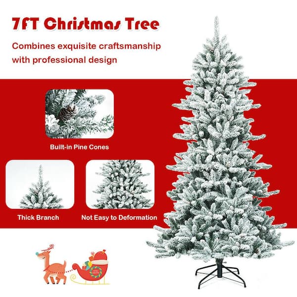 7Ft Premium Hinged Snow Flocked Slim Artificial Christmas Fir Tree w/ Pine Cones 