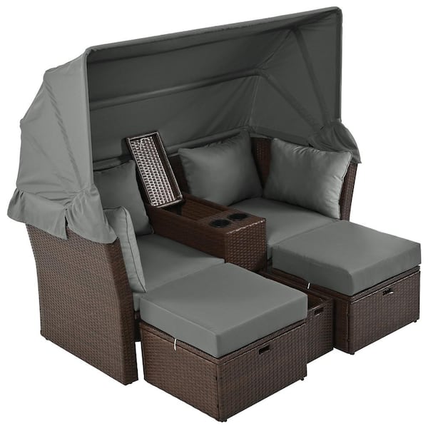 Boosicavelly 3-Piece Brown Wicker Outdoor Day Bed with Grey Cushions and Retractable Sunshade Canopy and Convenient Cup Holders