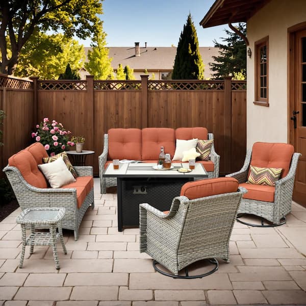 Eureka Gray 6-Piece Wicker Outdoor Patio Conversation Sofa Loveseat Set with a Metal Fire Pit and Orange Red Cushions