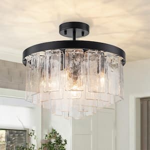 Hielo15.7 in.W Farmhouse Black Chandelier 5- Light Water Rippe Glass Flush Mount Close to Ceiling Light for Dining Room