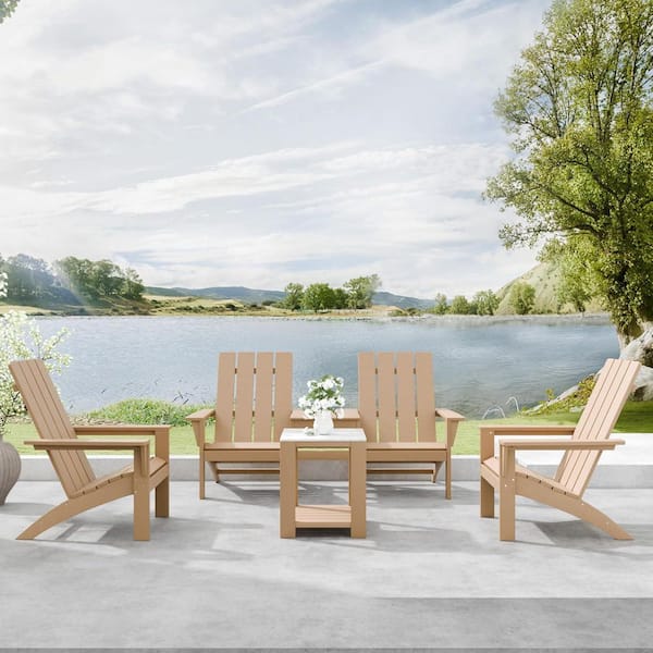 Halmuz 4-Seat Dual-Mode Brown Classic HDPE Poly Plastic Outdoor Adirondack Chair Set with 3 Chairs and 2 Side Tables, Patio.